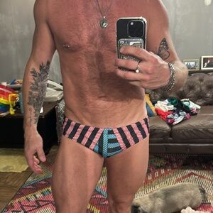 Bubblegum brand pink and blue stripe men’s speedo
